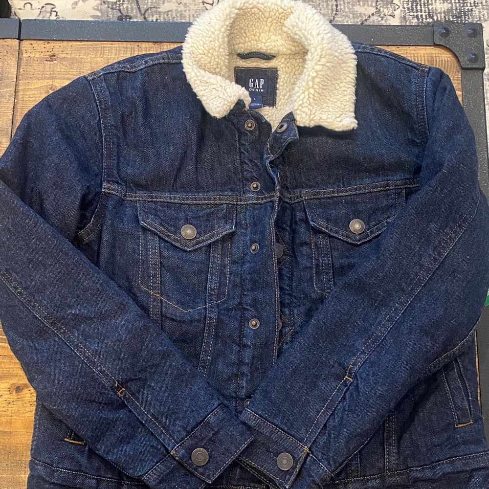 GAP Kids Denim Jacket with Cream Sherpa Collar